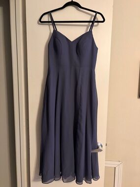 Azazie Dusty Slate Blue Spaghetti Strap Midi Dress